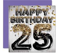 Carte d'anniversaire 25 ans pour homme - Ballons à paillettes noirs et dorés - Cartes d'anniversaire pour homme 25 ans fils frère oncle cousin 145mm - Cartes vœux pour vingt-cinq vingt-cinquième