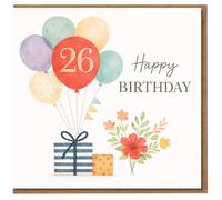 Carte d'anniversaire 26 ans - Jolis ballons pastel, cadeaux et aquarelle florale - Happy Birthday 26 ans