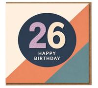 Carte d'anniversaire 26 ans - Motif géométrique moderne avec message « Happy Birthday » en gras - Carte contemporaine pour adulte de 26 ans pour elle ou lui