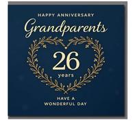 Carte d'anniversaire 26 ans pour grands-parents - Bleu marine élégant avec couronne de cœur dorée - « Happy Anniversary Grandparents, 26 Years, Have a Wonderful Day »