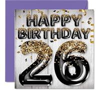 Carte d'anniversaire 26 ans pour homme - Ballons noirs et dorés à paillettes - Cartes d'anniversaire pour homme de 26 ans, fils, frère, oncle, cousin, 145 mm x 145 mm