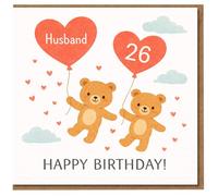 Carte d'anniversaire 26 ans pour mari - Ours en peluche mignon avec ballons en forme de cœur et cœurs - Carte d'anniversaire 26 ans pour mari