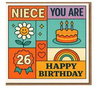 Carte d'anniversaire 26 ans pour nièce - Design rétro bloc de couleurs avec gâteau, marguerite, cœurs et arc-en-ciel - « Niece You Are 26 Happy Birthday »