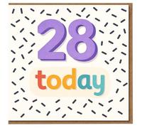 Carte d'anniversaire 28 ans - 28 ans - Motif de saupoudrages colorés amusants, chiffres violets avec texte multicolore - Carte typographie moderne pour elle ou lui