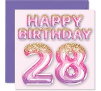 Carte d'anniversaire 28 ans pour femme - Ballons à paillettes roses et violets - Cartes d'anniversaire pour femme, fille, sœur, tante, cousine, 145 mm x 145 mm