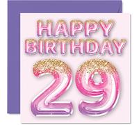 Carte d'anniversaire 29 ans pour femme - Ballons à paillettes roses et violets - Cartes d'anniversaire pour femme, fille, sœur, tante, cousine, 145 mm x 145 mm