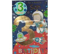 Carte d'anniversaire 3 ans pour fils avec motif espace et badge, 3 ans aujourd'hui
