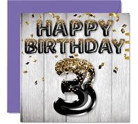 Carte d'anniversaire 3 ans pour garçons - Ballons noirs et dorés à paillettes - Cartes d'anniversaire pour garçon, fils, frère, petit-fils, cousin, 145 mm
