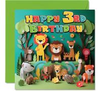Carte d'anniversaire 3 ans pour garçons et filles - Animaux de la jungle - Carte d'anniversaire de 3 ans pour garçon et fille, cartes de troisième anniversaire pour lui, elle, 145 mm x 145 mm pour
