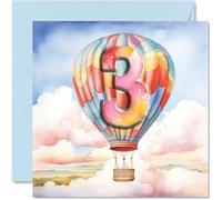 Carte d'anniversaire 3 ans pour garçons et filles - Montgolfière - Carte d'anniversaire de 3 ans pour garçon et fille, cartes de troisième anniversaire pour lui, elle, 145 mm x 145 mm pour nièce,