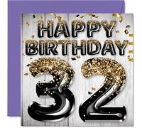 Carte d'anniversaire 32 ans pour homme - Ballons à paillettes noirs et dorés - Cartes d'anniversaire pour homme de 32 ans ami frère papa oncle