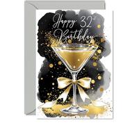 Carte d'anniversaire 32 ans - Verre à champagne doré - Cartes d'anniversaire traditionnelles et élégantes pour femme de 32 ans - Magnifiques cartes de vœux A5