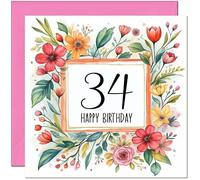 Carte d'anniversaire 34 ans pour femme - Tout âge - Carte d'anniversaire florale pour femme, amie, sœur, maman, tante, fille, trente quatrième cousine, nièce