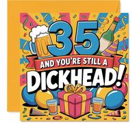 Carte d'anniversaire 35 ans - Joues vives et plaisanteries - Multicolore avec motif ludique « Still a D**khead » - Carré de 145 mm, enveloppe incluse
