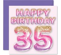 Carte d'anniversaire 35e anniversaire pour femme - Ballons roses et violets à paillettes - Cartes d'anniversaire pour femme de 35 ans, amie, sœur, maman, tante, 145 mm x 145 mm, cartes de vœux pour