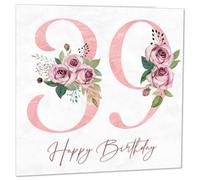 Carte d'anniversaire 39 ans pour femme - Carte d'anniversaire florale pour femme de 39 ans, trente-neuvième pour femme, maman, sœur, tante, nièce, fille