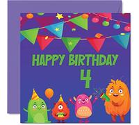 Carte d'anniversaire 4 ans pour garçon et fille - Carte d'anniversaire monstre - Carte d'anniversaire pour garçon de 4 ans, cartes d'anniversaire pour lui et elle, 145 mm x 145 mm pour fils, neveu,
