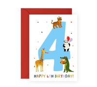Carte d'anniversaire 4 ans pour garçons ou filles - Animaux mignons - 4ème anniversaire pour fils, fille, petit-enfant, nièce, neveu, lui, elle. Enfants - 4 ans - Livré avec des autocollants amusants