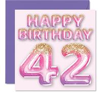 Carte d'anniversaire 42 ans pour femme - Ballons pailletés roses et violets - Cartes d'anniversaire pour femme de 42 ans maman cousine amie sœur tante 145mm - Cartes de vœux de 42 secondes