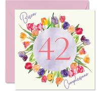 Carte d'anniversaire 42e pour femme - Bouquet de fleurs de tulipes aquarelle - Cartes de joyeux 42e anniversaire pour femme de 42 ans, fille, sœur, tante, 145 mm, 42e anniversaire
