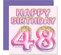 Stuff4 Carte d'anniversaire 48 ans pour femme - Ballons à paillettes roses et violets - Cartes d'anniversaire pour femme, maman, cousine, amie, sœur, tante, 145 mm