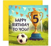 Carte d'anniversaire 5 ans pour garçon ou fille - Carte d'anniversaire de football pour enfant de 5 ans - Trophée gagnant de la coupe de l'équipe de football - Cartes d'anniversaire Footy pour fils,