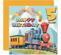 Carte d'anniversaire 5 ans pour garçons et filles - Train à vapeur - Carte d'anniversaire de 5 ans pour garçon et fille, cartes de cinquième anniversaire pour lui, elle, 145 mm x 145 mm pour nièce,
