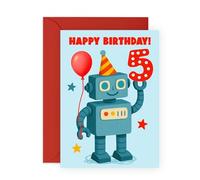 Carte d'anniversaire 5 ans pour garçons - Motif robot mignon avec ballon rouge - Cadeaux amusants pour enfants, fils, petit-fils, neveu, voisins, lui - Livré avec autocollants