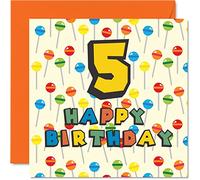 Carte d'anniversaire 5 ans unisexe - Sucette Sweets Candy - Carte d'anniversaire 5 ans pour fils, fille, frère, sœur, petit-fils, petite-fille, nièce, neveu, cousin, 145 mm x 145 mm