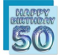 Carte d'anniversaire 50 ans pour homme - Ballon de fête bleu pailleté - Cartes d'anniversaire pour homme de 50 ans, oncle, grand-père, grand-père, grand-père, grand-père, grand-père, grand-père,