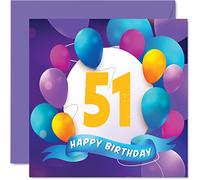 Carte d'anniversaire 51 ans pour homme et femme - Fête en ballon - Cartes d'anniversaire pour homme et femme de 51 ans, maman, papa, tante, oncle, grand-père, grand-mère, frère, sœur, 145 mm x 145 mm