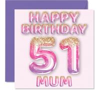 Carte d'anniversaire 51 ans pour maman - Ballons à paillettes roses et violets - Cartes d'anniversaire pour maman de 51 ans, mère de la part de son fils, fille, cartes de vœux d'anniversaire de 145 mm