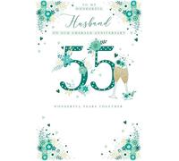 Carte d'anniversaire 55 ans d'émeraude pour mari - « To My Wonderful Husband on Our Emerald Anniversary - 55 Wonderful Years Together » - Motif verre à champagne - Finition feuille florale -