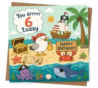 Carte d'anniversaire 6 ans - Motif pirate - Avec coffre au trésor, bateau, animaux marins et message heureux