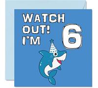 Carte d'anniversaire 6 ans pour garçon - Shark Watch Out - Carte d'anniversaire pour garçon de 6 ans, cartes de vœux pour lui, carte de vœux 145 mmx145 mm pour fils, frère, fils, sixième anniversaire