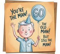 Carte d'anniversaire 60 ans pour lui - Motif amusant « You're the Man » avec ballon de vieil homme - Carte de vœux carrée de 145 mm avec enveloppe kraft - Papa, mari, grand-père - Humour 60 ans
