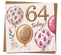 Carte d'anniversaire 64 ans, motif ballons, 145 mm x 145 mm, carrée, avec enveloppe kraft
