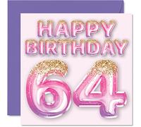 Carte d'anniversaire 64 ans pour femme - Ballons pailletés roses et violets - Cartes d'anniversaire pour femme de 64 ans maman grand-mère tante