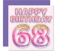 Carte d'anniversaire 68 ans pour femme - Ballons pailletés roses et violets - Cartes d'anniversaire pour femme de 68 ans maman grand-mère tante