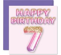 Carte d'anniversaire 7 ans pour filles - Ballons à paillettes roses et violets - Cartes d'anniversaire pour fille de 7 ans fille sœur petite-fille cousine