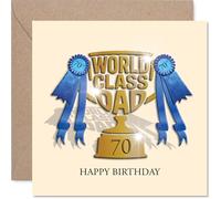 Carte d'anniversaire 70 ans - Célébration d'un papa de classe mondiale - Trophée et rubans bleus avec accents dorés - Carré de 145 mm, enveloppe incluse