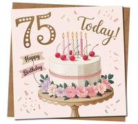 Carte d'anniversaire 75 ans pour homme ou femme - 145 mm x 145 mm - Motif gâteaux, bougies et confettis - Jolie carte de vœux de célébration avec enveloppe kraft