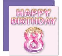 Stuff4 Carte d'anniversaire 8 ans pour filles - Ballons à paillettes roses et violettes - Cartes d'anniversaire pour fille, sœur, petite-fille, cousine, 145 mm