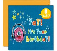 Carte d'anniversaire 8 ans pour garçon - Carte d'anniversaire monstre - Carte d'anniversaire pour garçon de 8 ans, cartes d'anniversaire pour lui, 145 mm x 145 mm, carte de vœux pour fils, neveu,