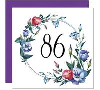 Carte d'anniversaire 86 ans pour femme avec motif floral - Carte d'anniversaire florale pour femme de 86 ans, grand-mère, maman, tante, amie, sœur, quatre-vingt-sixième grand-mère