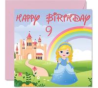 Carte d'anniversaire 9 ans pour fille - Château de princesse - Carte d'anniversaire pour fille de 9 ans, cartes de neuvième anniversaire pour elle, carte de vœux pour fille, nièce, petite-fille,
