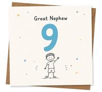 Carte d'anniversaire 9 ans pour neveu - Joli design manuscrit avec illustration de petit garçon pour la célébration d'anniversaire d'un parent de nièce