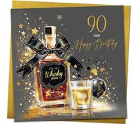 Carte d'anniversaire 90 ans | Carte d'anniversaire Whisky pour 90e anniversaire classique pour homme avec enveloppe dorée métallique