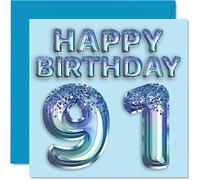 Carte d'anniversaire 91 ans pour homme - Ballon de fête bleu pailleté - Cartes d'anniversaire pour homme de 91 ans, arrière-grand-père, grand-père, grand-père, grand-père, grand-père, grand-père,