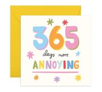 Carte d'anniversaire amusante - « 365 Days More Annoying » - Motif pastel coloré - Salutations coquines pour amis, frère, sœur, mari, épouse, lui, elle - Blague légère - Avec autocollants amusants